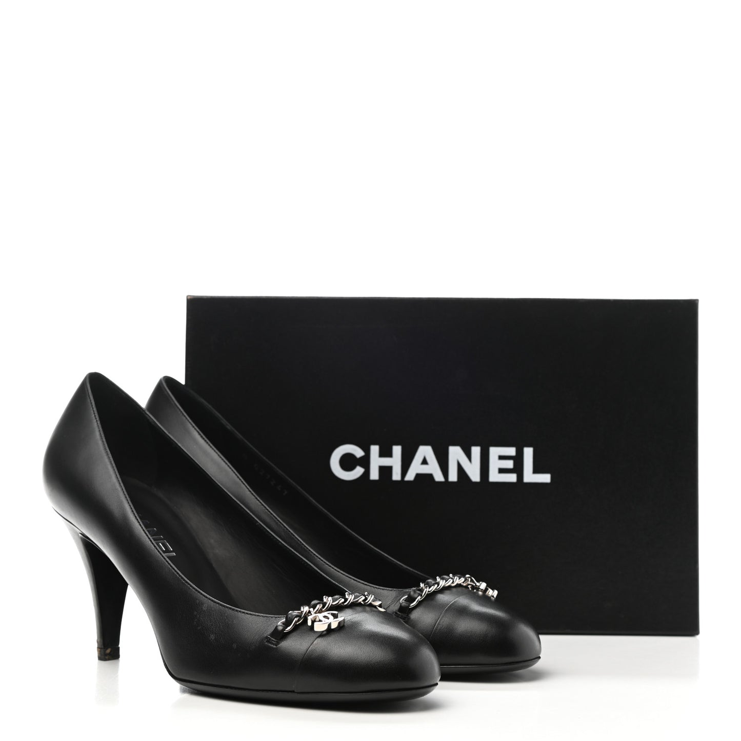 Calfskin CC Cap Toe Chain Pumps 39 Black