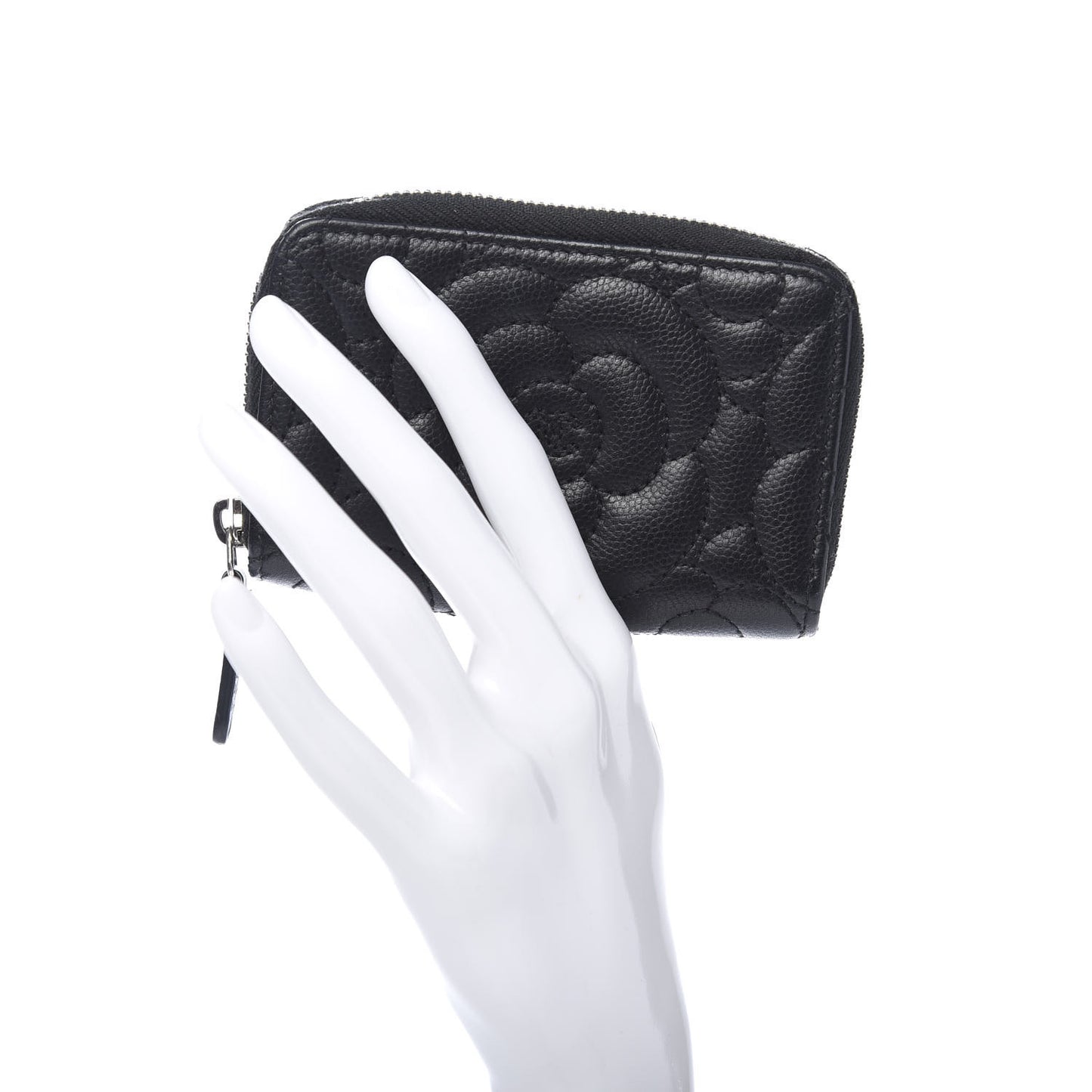 Caviar Camellia Embossed Zip Coin Purse Black
