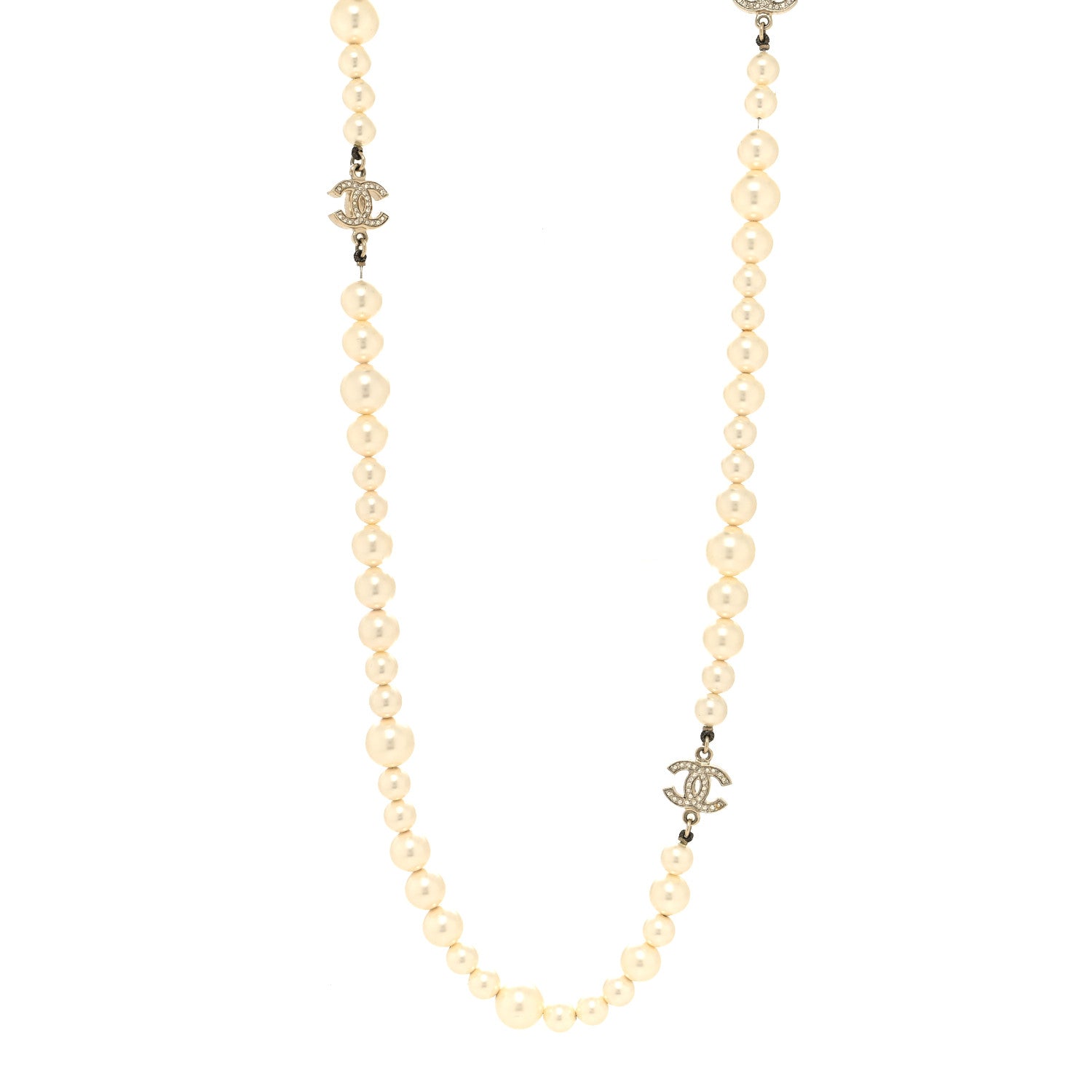 Chanel Graduated Pearl Crystal CC Long Necklace Light Gold 1 of 6