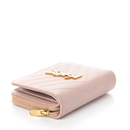 Saint Laurent Grain De Poudre Matelasse Chevron Monogram Compact Zip Around Wallet Pink 3 of 6