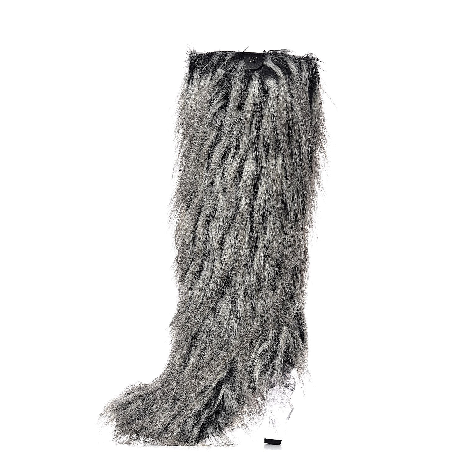 Chanel Fantasy Fur Icicle Heel Mukluks 39 Boots Gray 432960