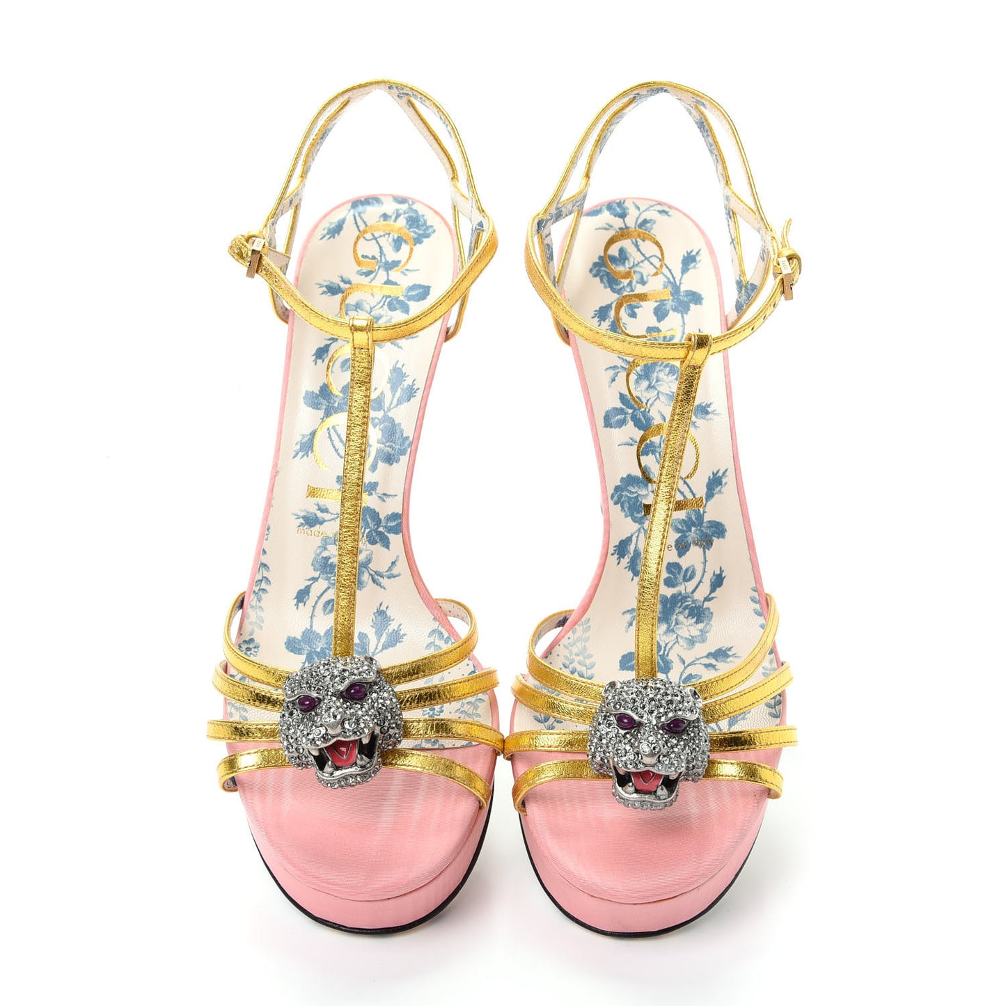 Moire Fabric Nappa Elias T-Strap Platform High Heel Sandals 38 Pink Gold