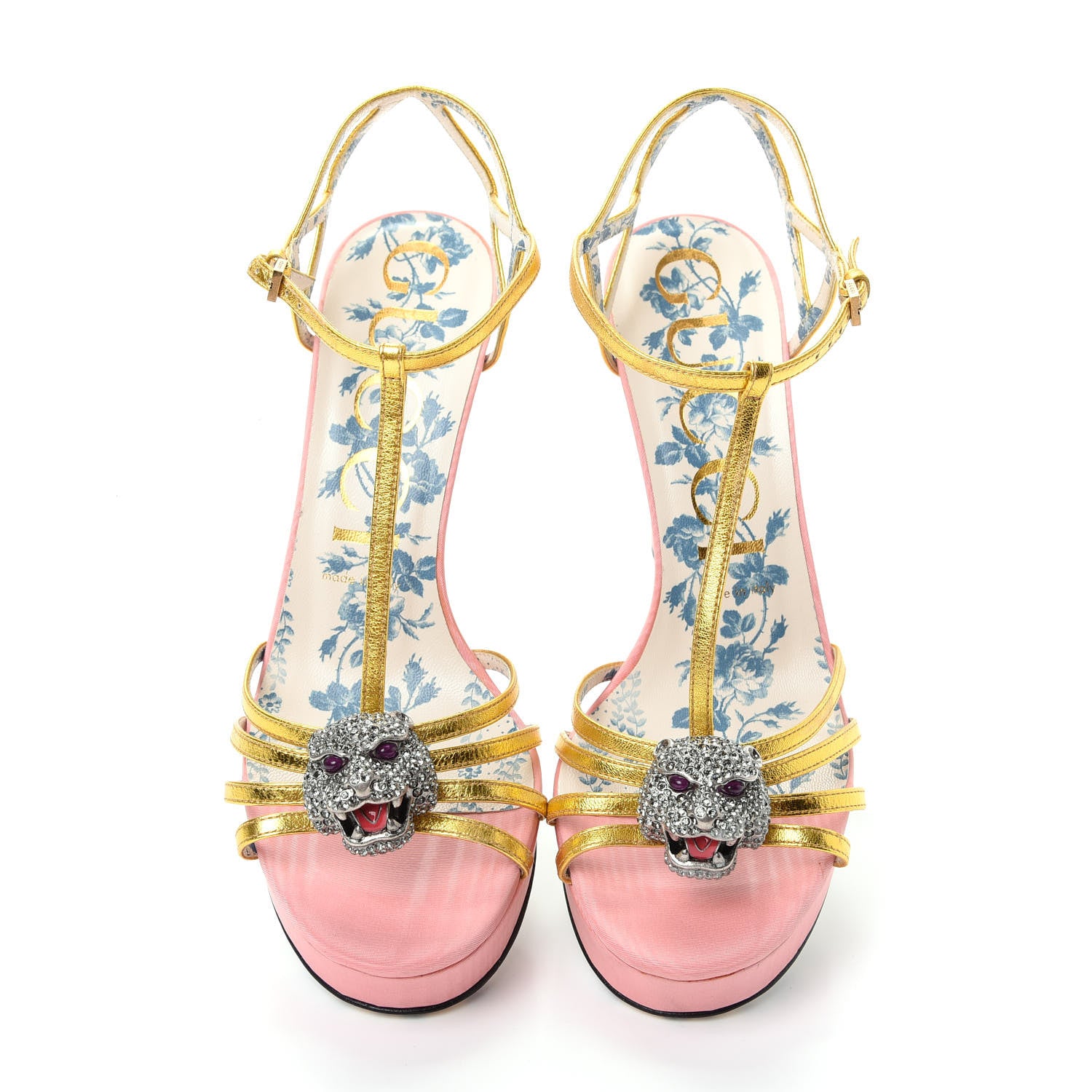 Gucci Moire Fabric Nappa Elias T-Strap Platform High Heel Sandals 38 Pink Gold 5 of 11