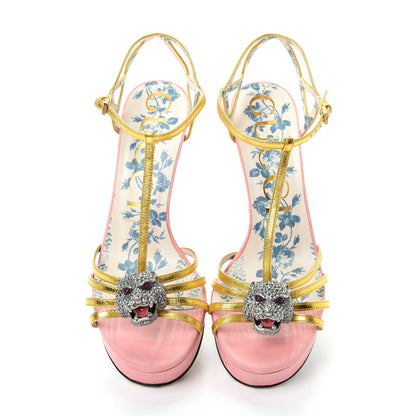 Gucci Moire Fabric Nappa Elias T-Strap Platform High Heel Sandals 38 Pink Gold 5 of 11