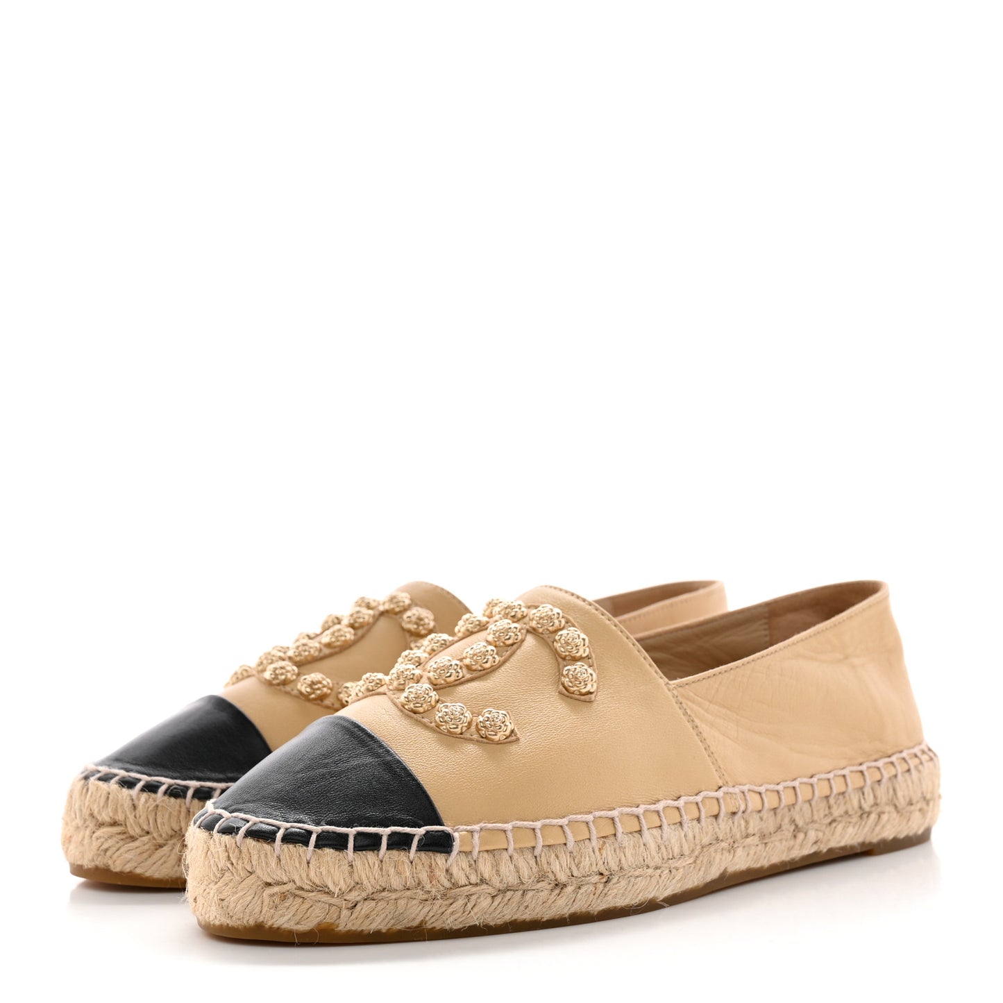 Lambskin CC Camellia Stud Espadrilles 38 Beige Black
