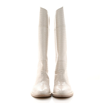 Fendi Calfskin Crocodile Embossed Karligraphy Logo Riding Boots 40.5 White 2 of 16