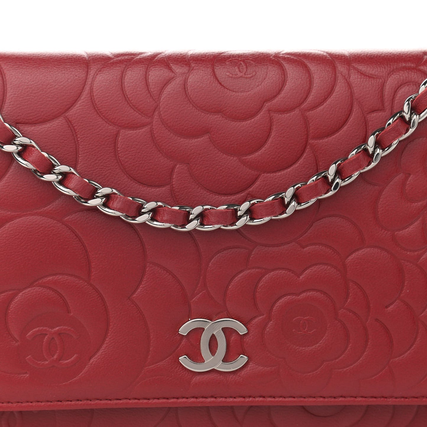 Lambskin Camellia Embossed Wallet On Chain WOC Red