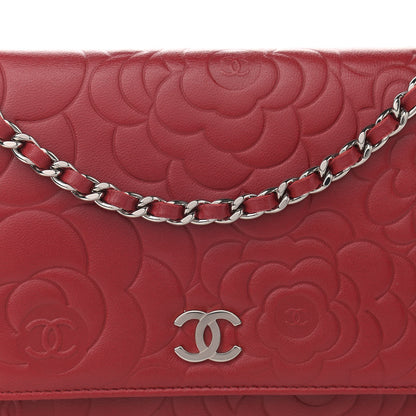 Chanel Lambskin Camellia Embossed Wallet On Chain WOC Red 9 of 14
