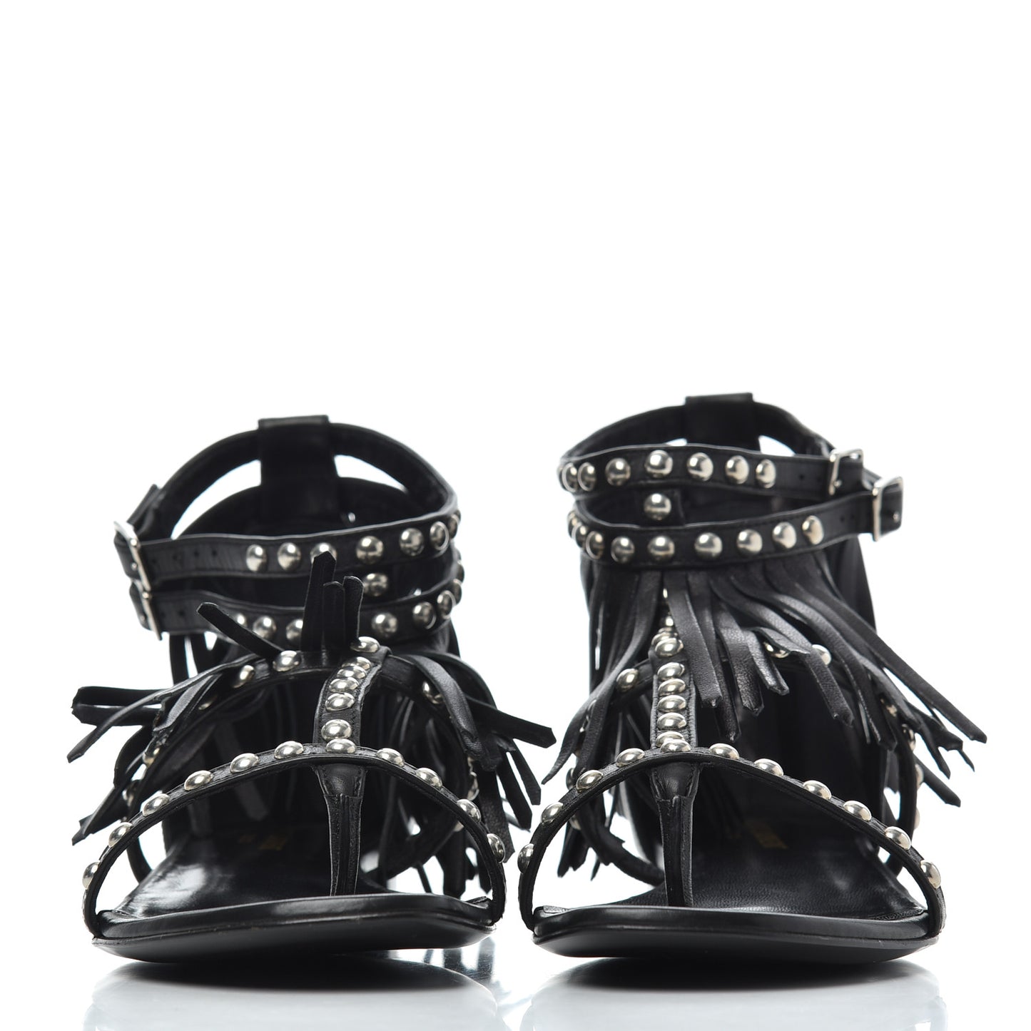 Calfskin Studded Fringe Cyuko Sandals 37 Black