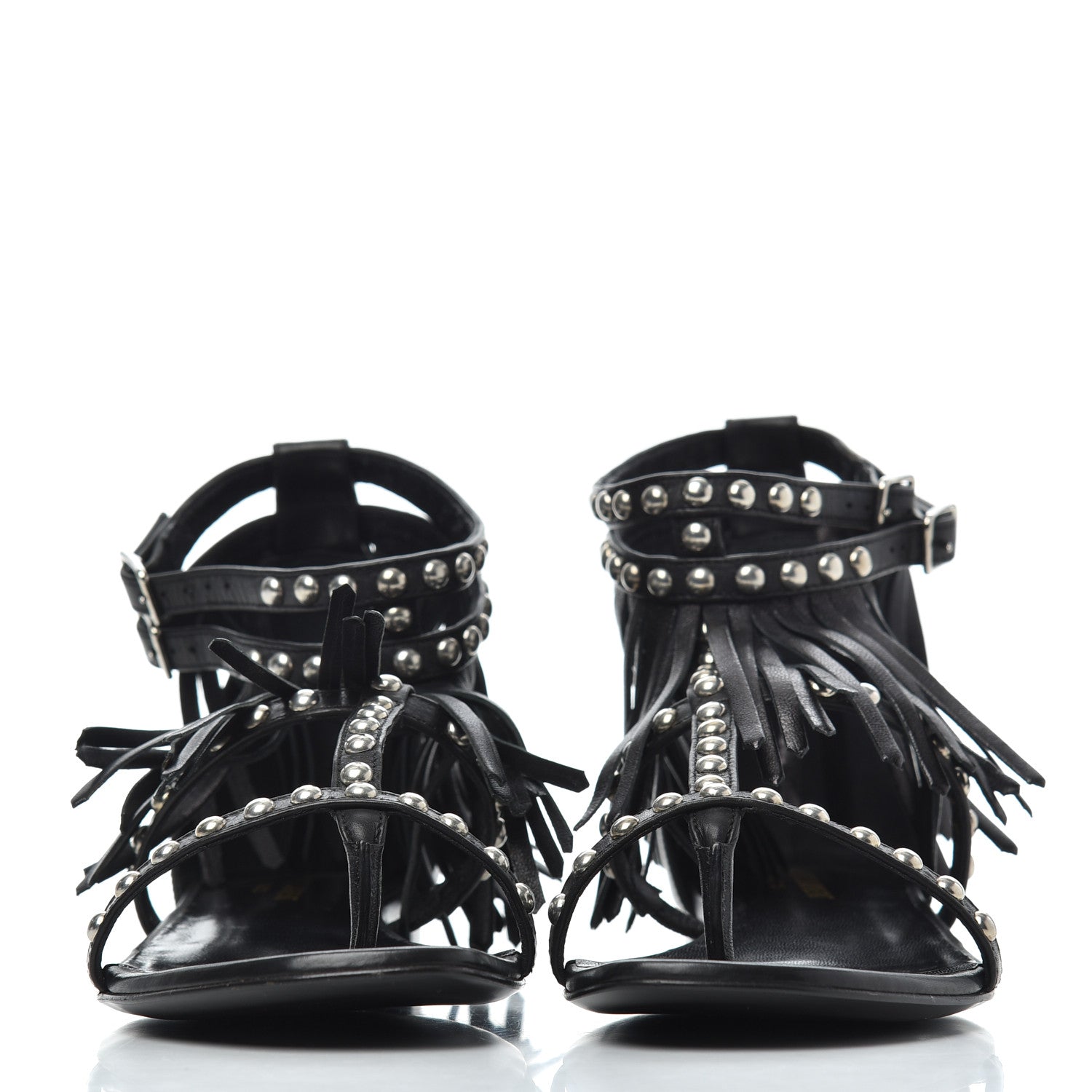 Saint Laurent Calfskin Studded Fringe Cyuko Sandals 37 Black 2 of 18