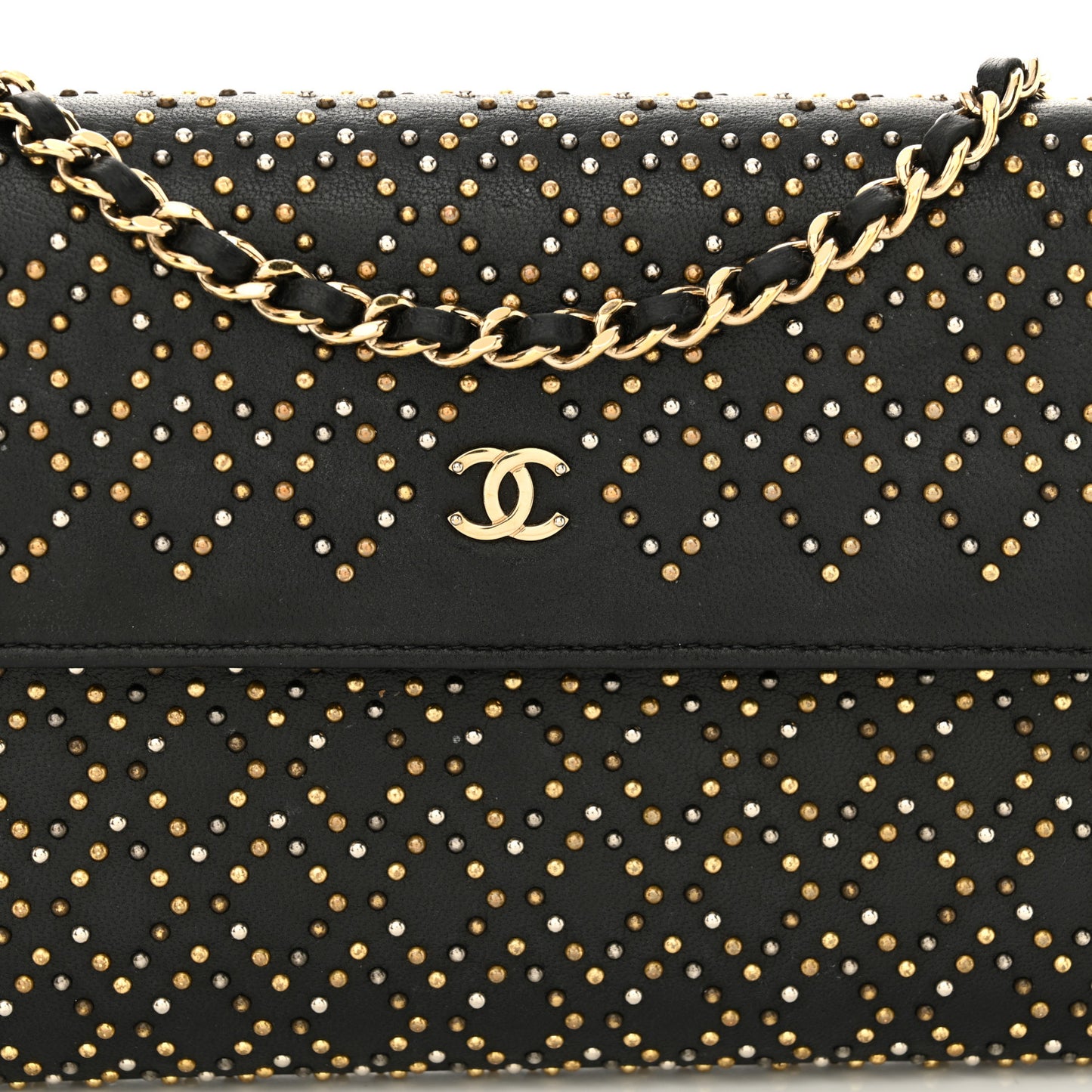 Lambskin Studded Wallet on Removable Chain Black