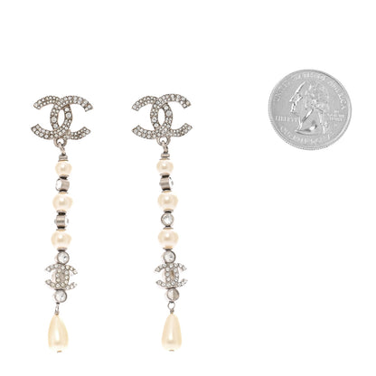 Chanel Pearl Crystal CC Chain Drop Earrings Silver 2 of 6