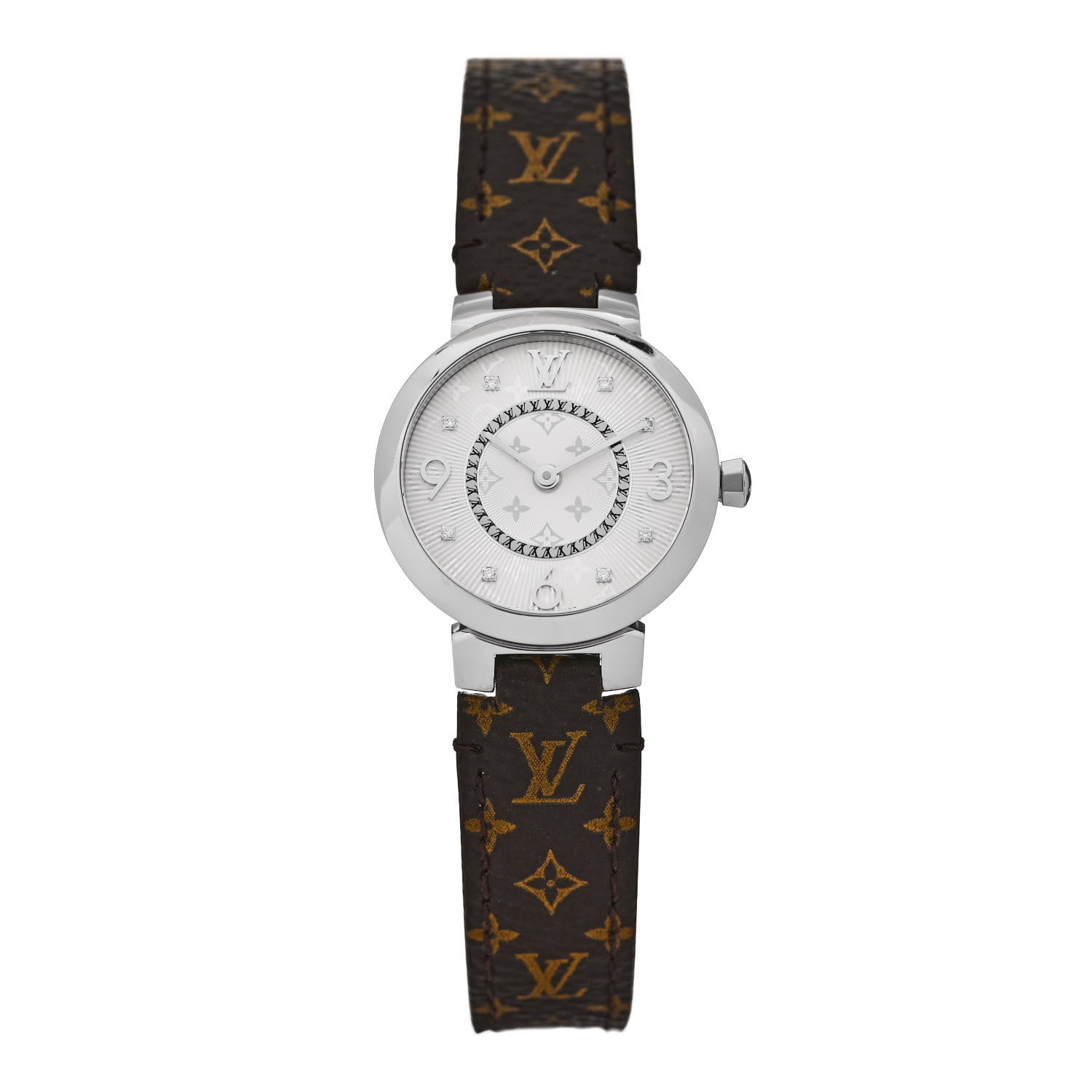 Louis Vuitton Stainless Steel Monogram Diamond 28mm Tambour Slim Quartz Watch 1 of 6