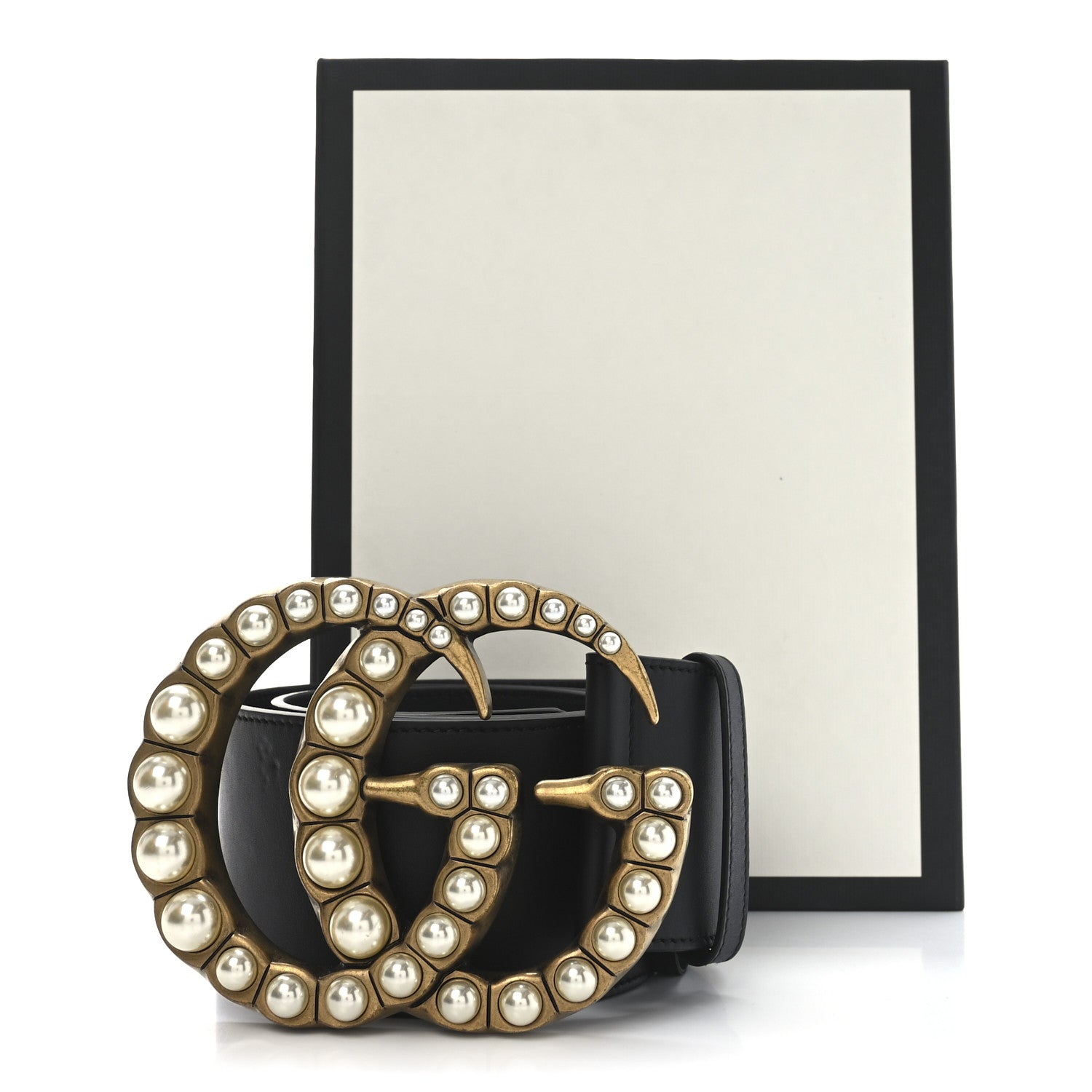 Gucci Moon Calfskin Pearl Double G 70mm Belt 85 34 Black Cream 5 of 5