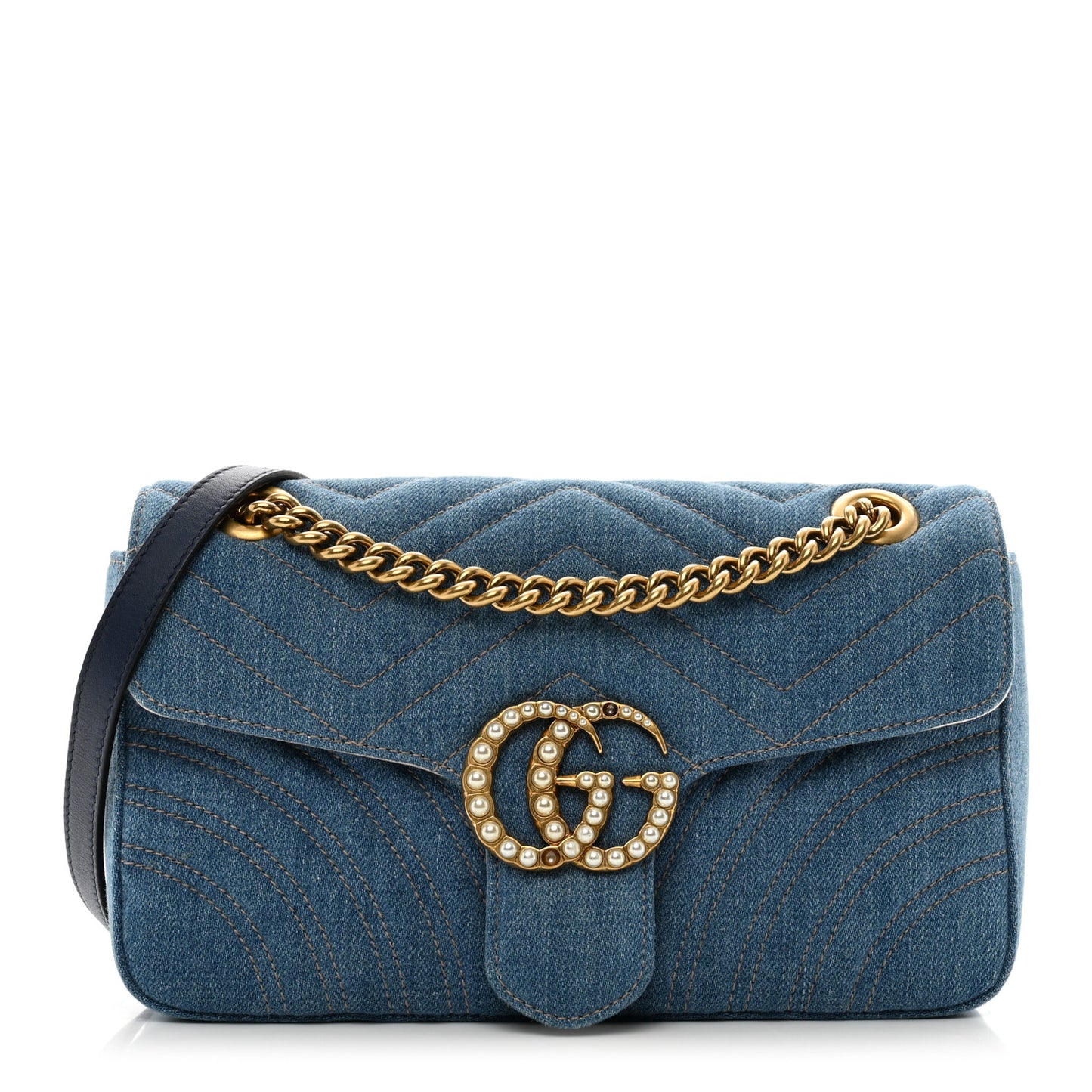 Denim Matelasse Small Pearly GG Marmont Shoulder Bag Blue
