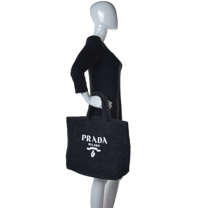 Prada Yarn Raffia Effect Crochet Large Logo Tote Black 2 of 9