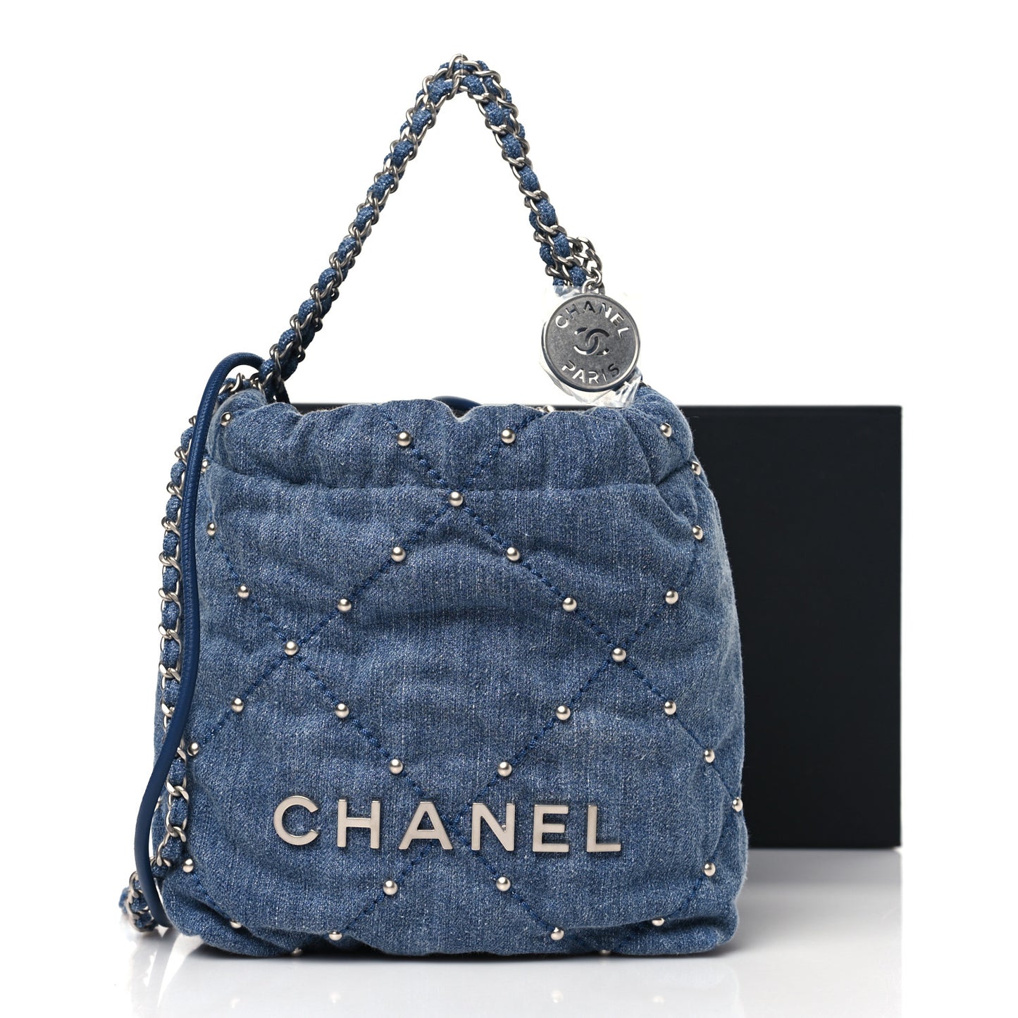 Washed Denim Quilted Studded Mini Chanel 22 Blue