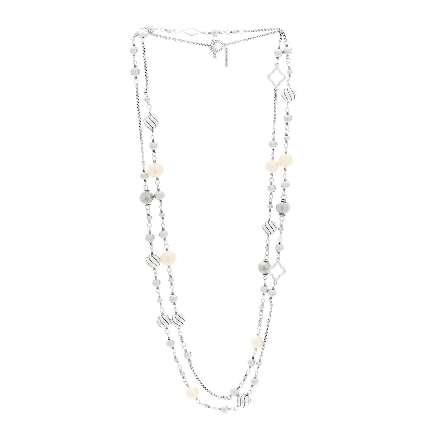 Sterling Silver Cultured Pearl Quatrefoil Long Chain Necklace