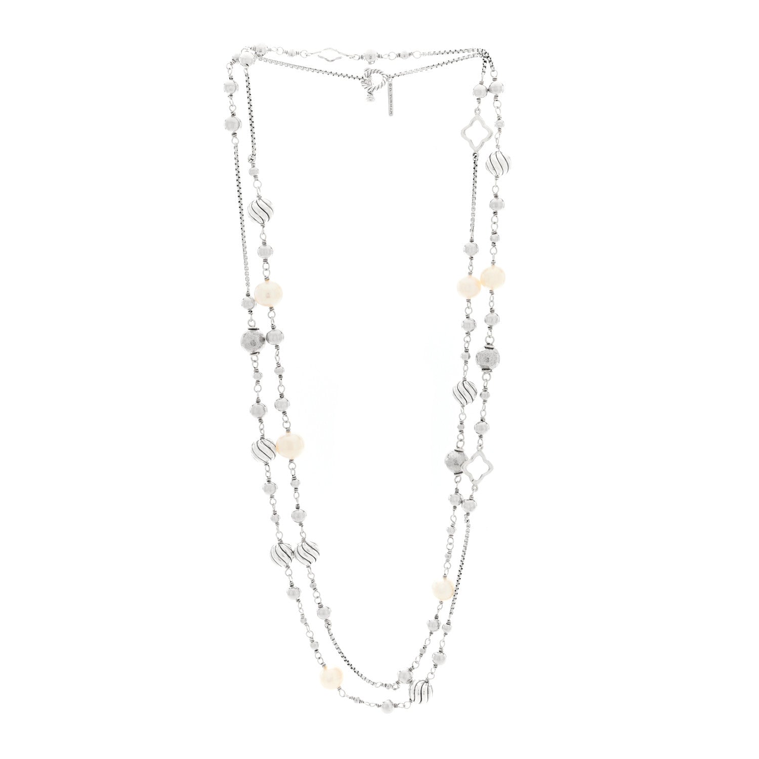 David Yurman Sterling Silver Cultured Pearl Quatrefoil Long Chain Necklace 3 of 4