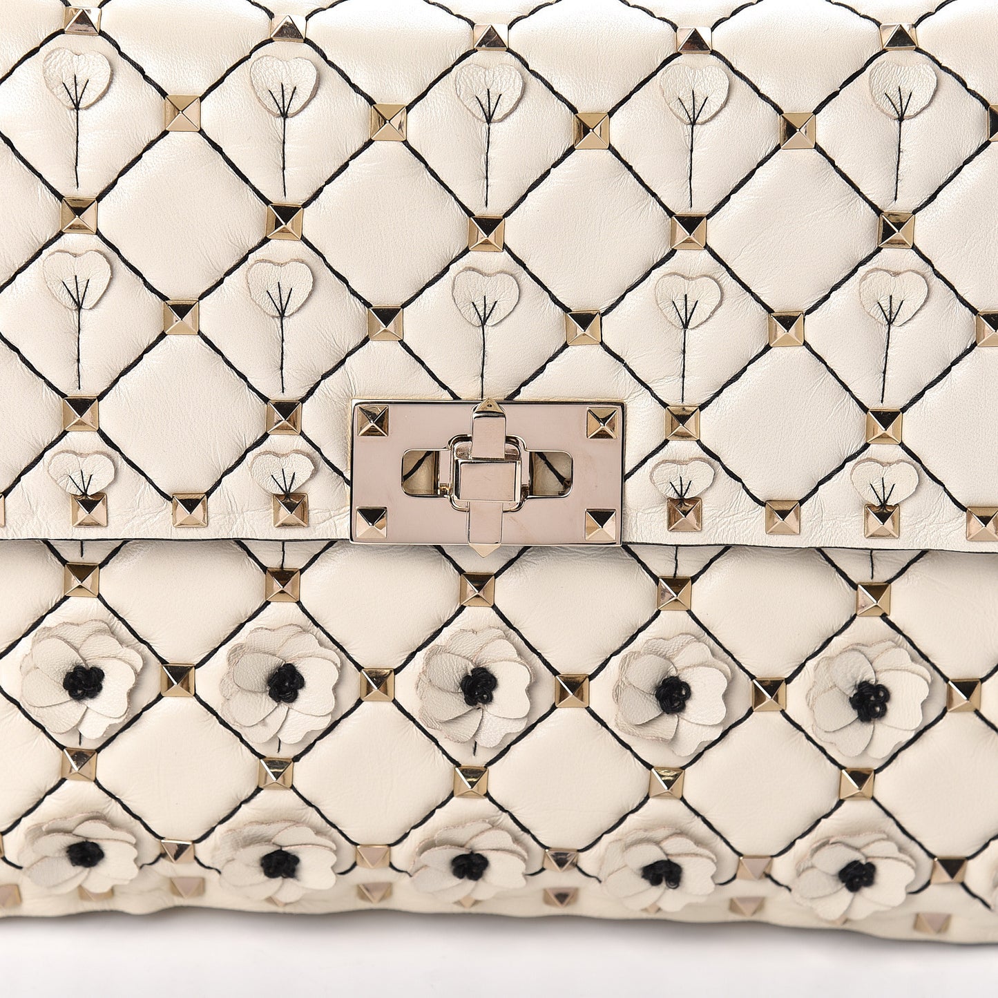 Lambskin Flower Medium Rockstud Spike Shoulder Bag Ivory