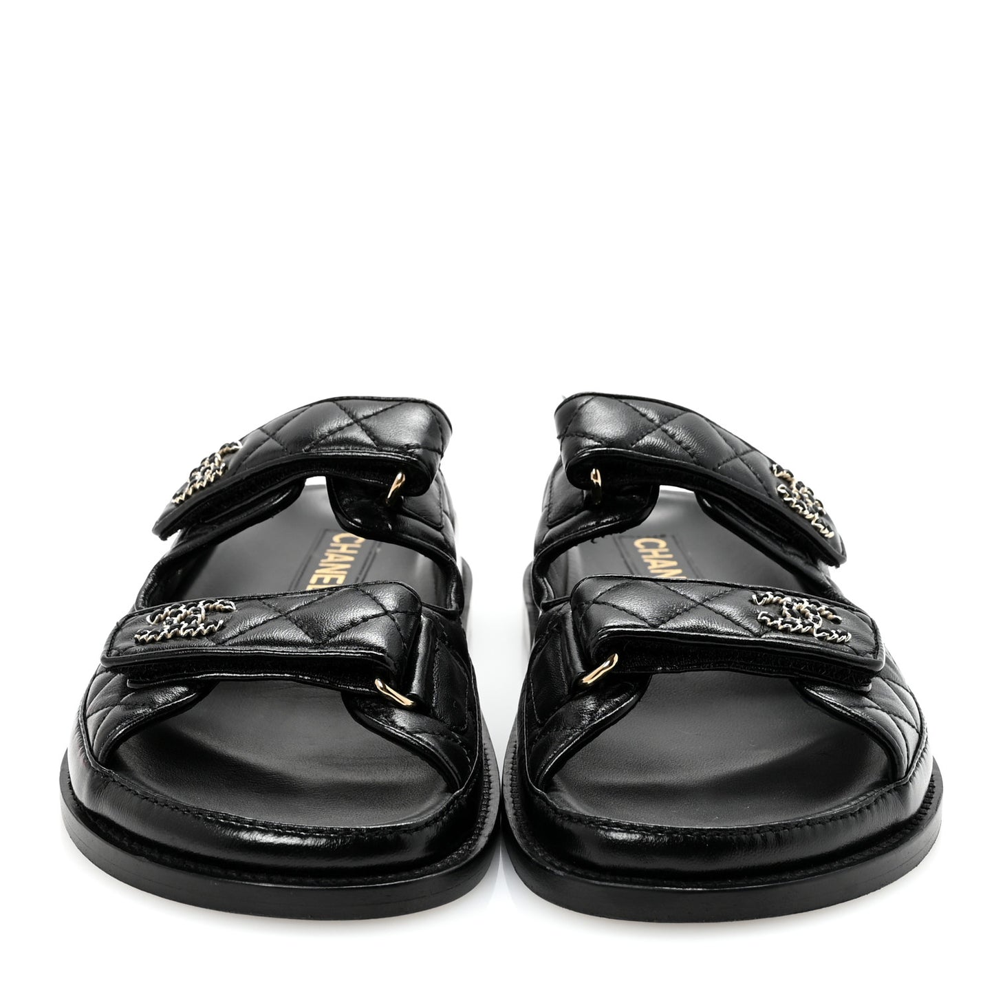 Lambskin Quilted Velcro Dad Chain CC Slide Sandals 36.5 Black