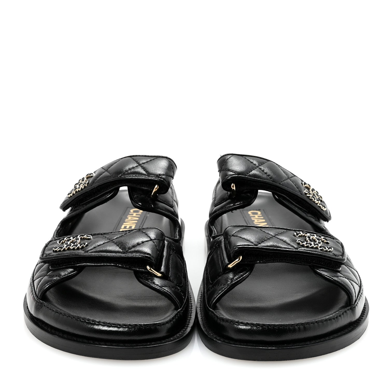 Chanel Lambskin Quilted Velcro Dad Chain CC Slide Sandals 36.5 Black 3 of 7