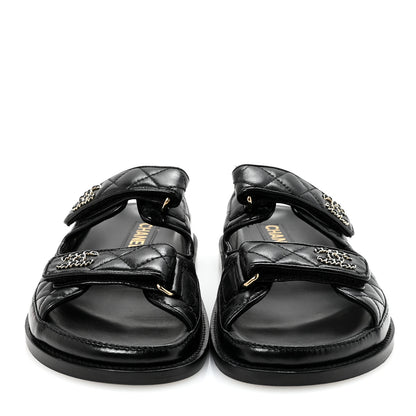 Chanel Lambskin Quilted Velcro Dad Chain CC Slide Sandals 36.5 Black 3 of 7