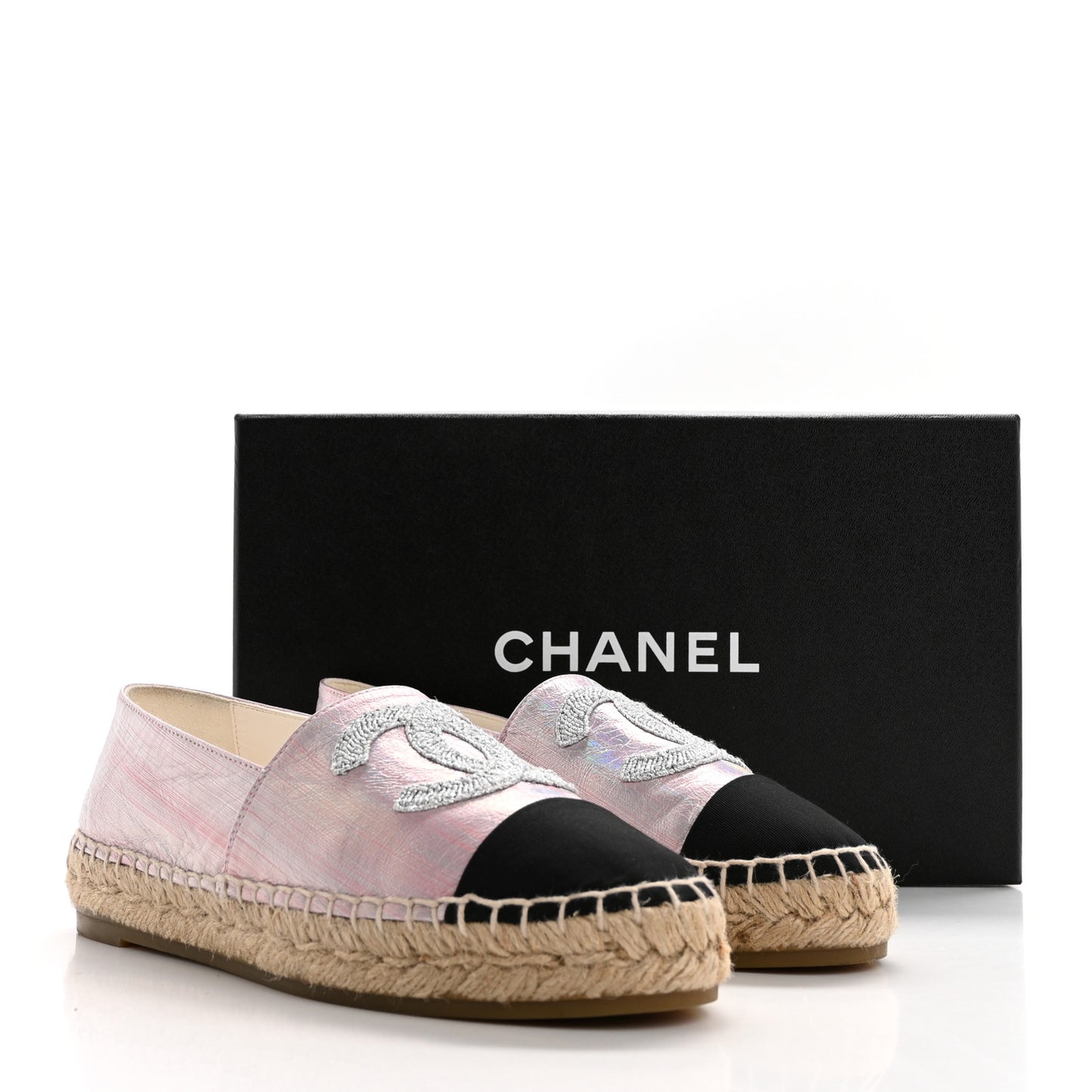 Laminated Lambskin Grosgrain Embroidered CC Espadrilles 37 Pink Silver Black