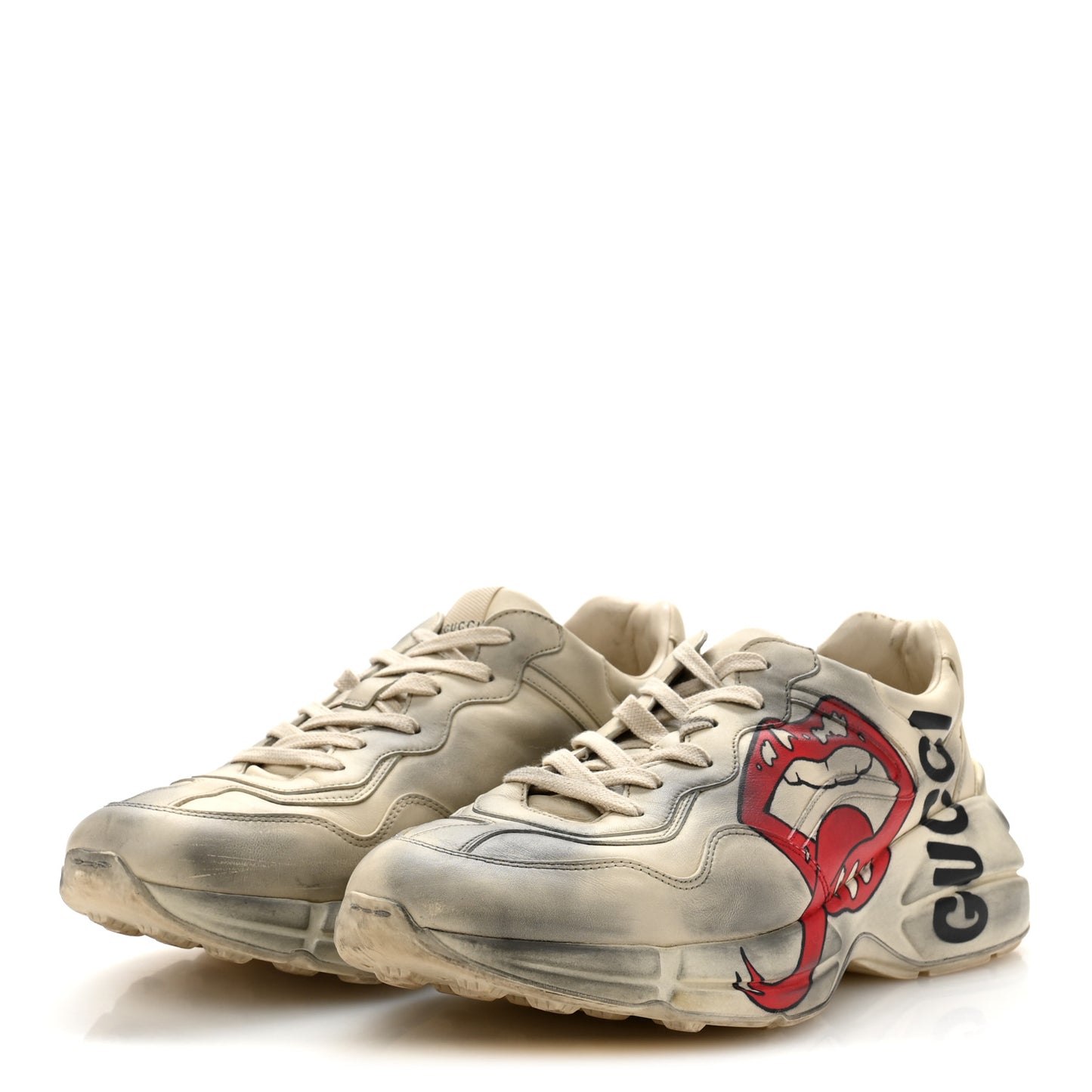 Calfskin Mouth Print Mens Rhyton Sneakers 10 Ivory