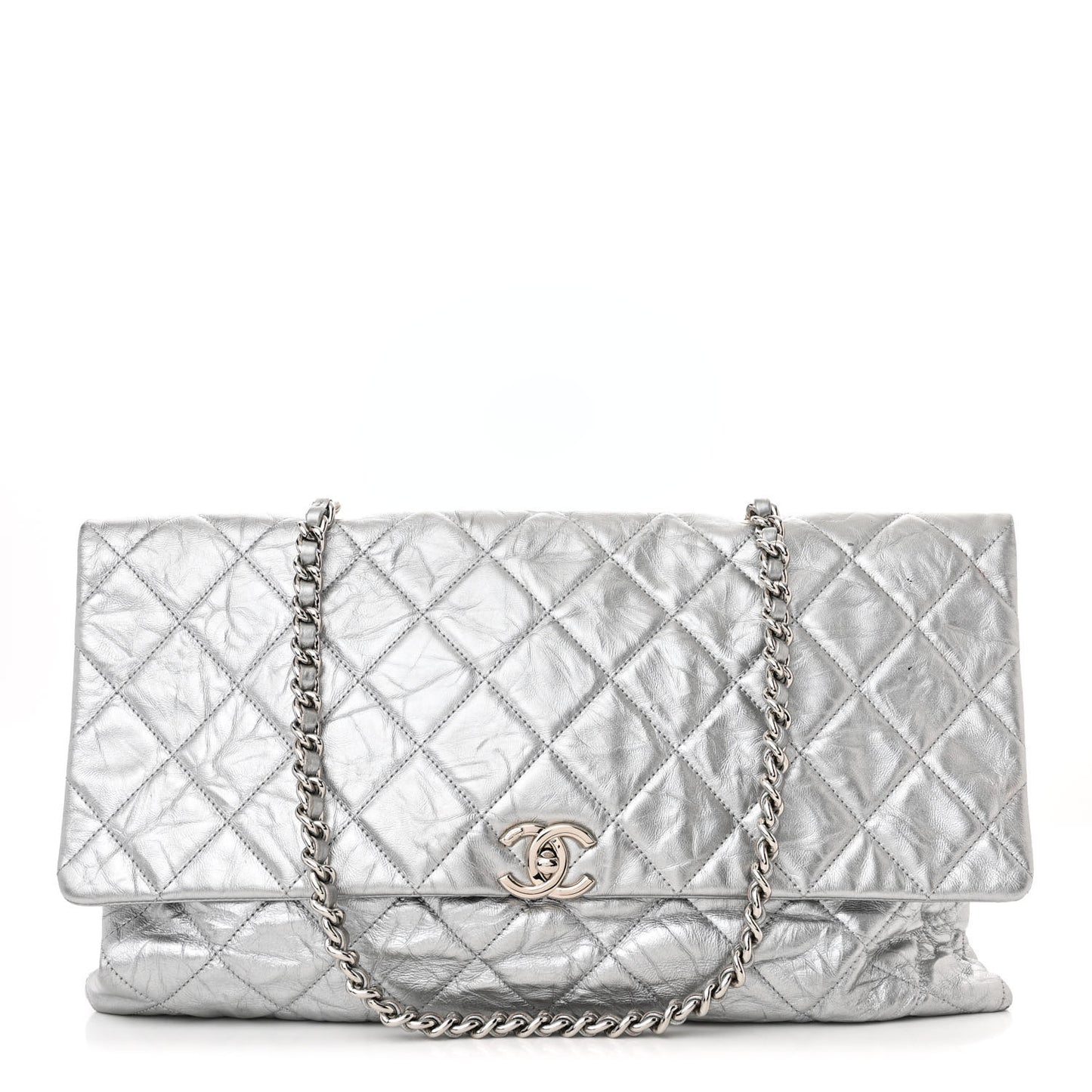 Metallic Crumpled Calfskin Big Bang Large Flap Bag Silver