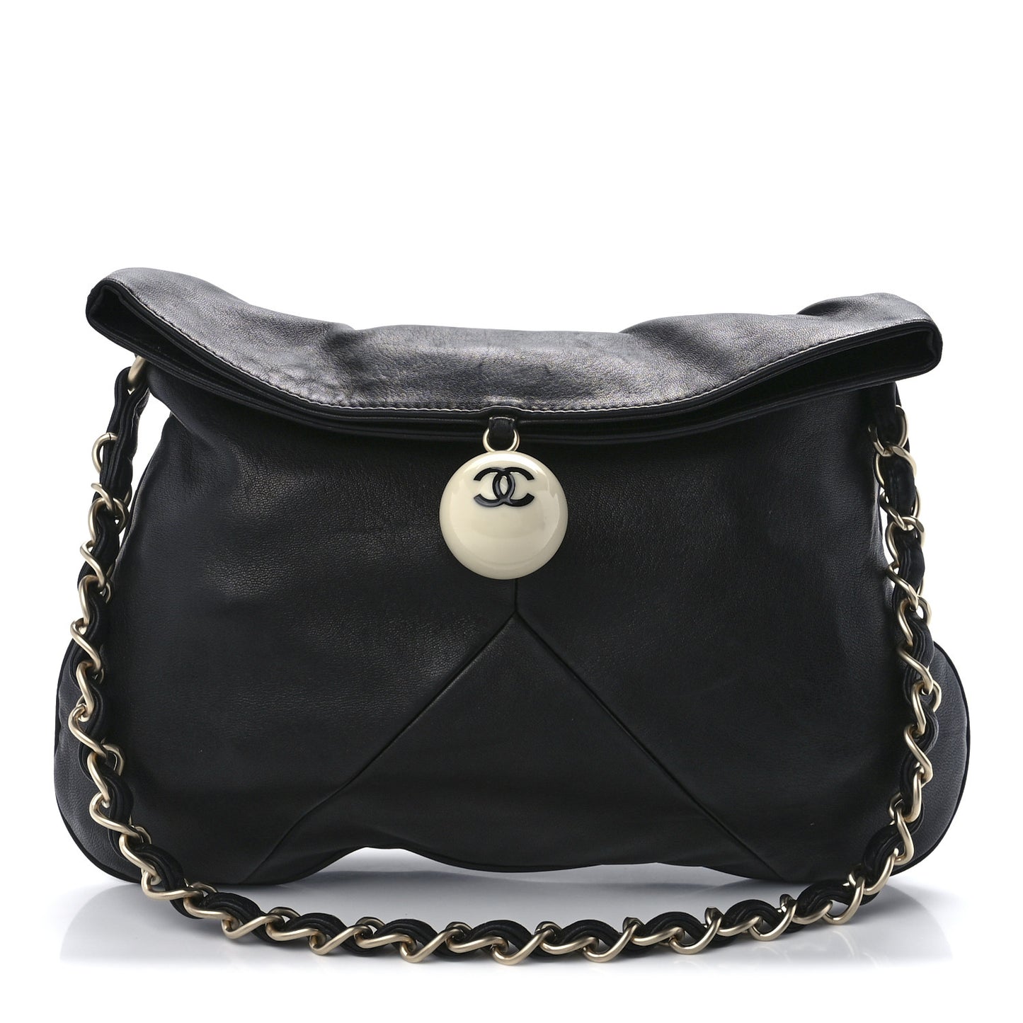 Lambskin Coco Ball Fold Over Bag Black