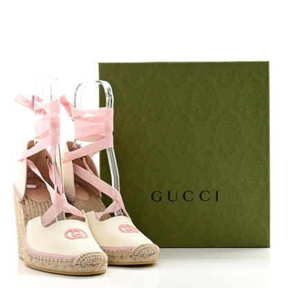 Gucci Canvas Grossgrain Embroidered Judit Ankle Wrap Platform 35/120mm Espadrille Wedges 40 White Shell 11 of 11