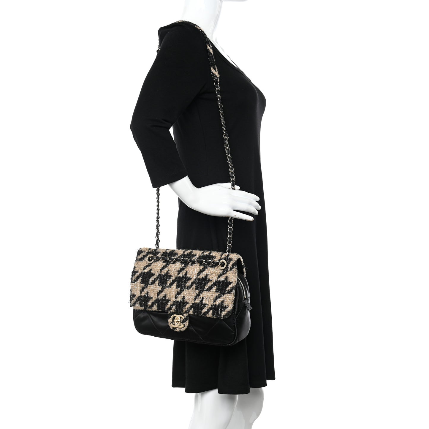 Wool Tweed Nylon Quilted Flap Bag Beige Black