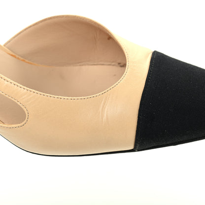 Chanel Goatskin Grosgrain Cap Toe CC Slingback Pumps 39 Beige Black 13 of 16