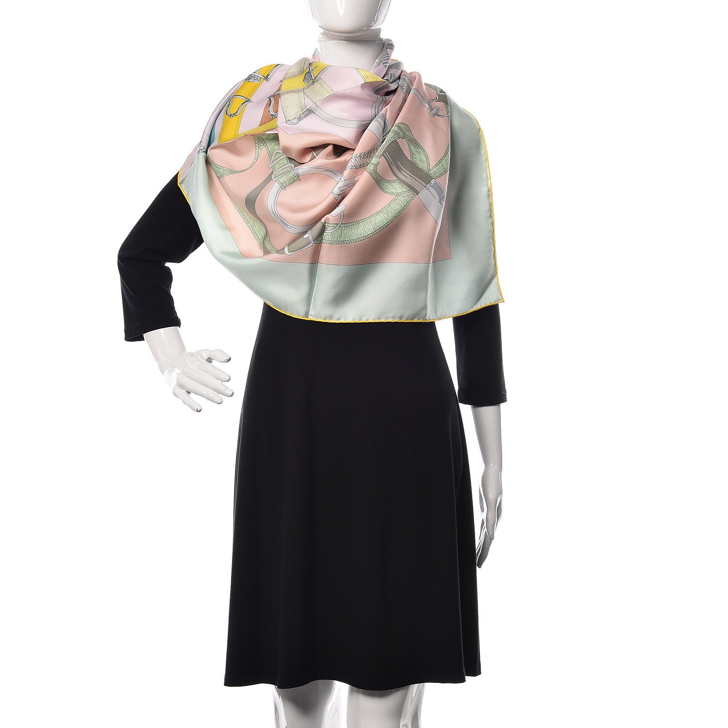 Hermes Silk Cavalcadour Scarf 140 Rose Poudre Vert D Eau Jaune Vif 2 of 4