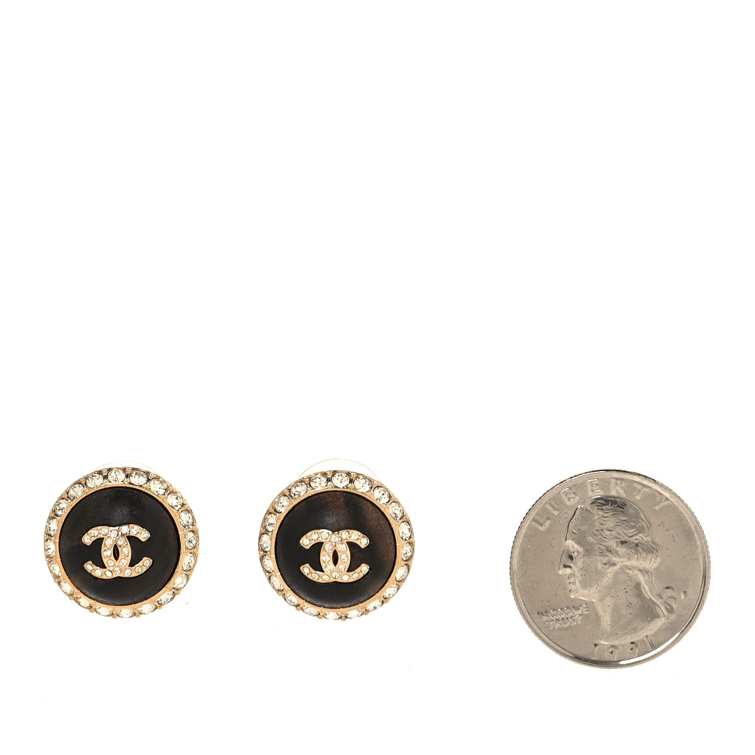 Chanel Metal Wood Crystal CC Round Earrings Gold Brown 2 of 5