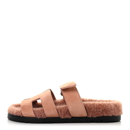 Hermes Suede Goatskin Woolskin Womens Chypre Sandals 36.5 Rose Aube 1 of 8