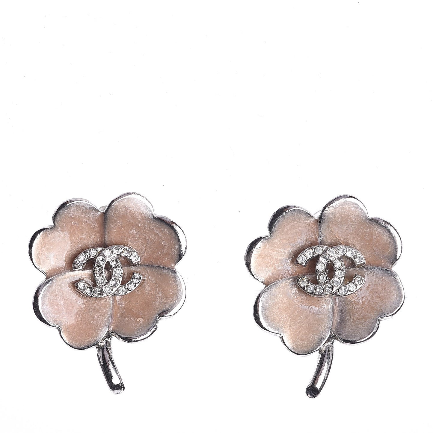 Enamel Crystal CC Camellia Clip On Earrings Beige Silver