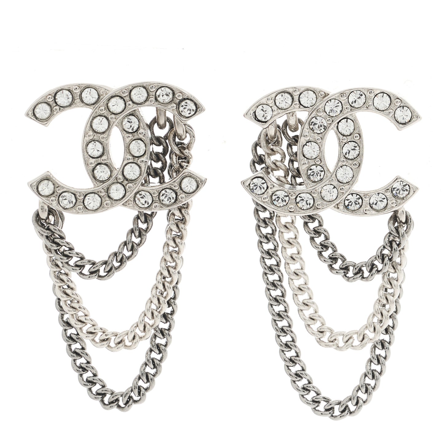 Crystal Chain CC Earrings Silver