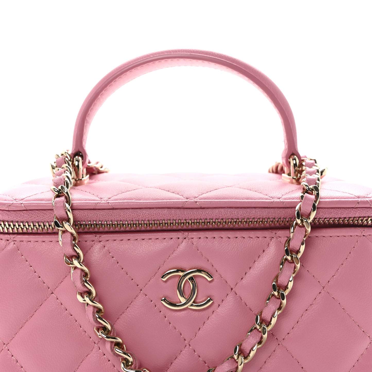 Lambskin Quilted Small Top Handle Vanity Case With Chain Pink