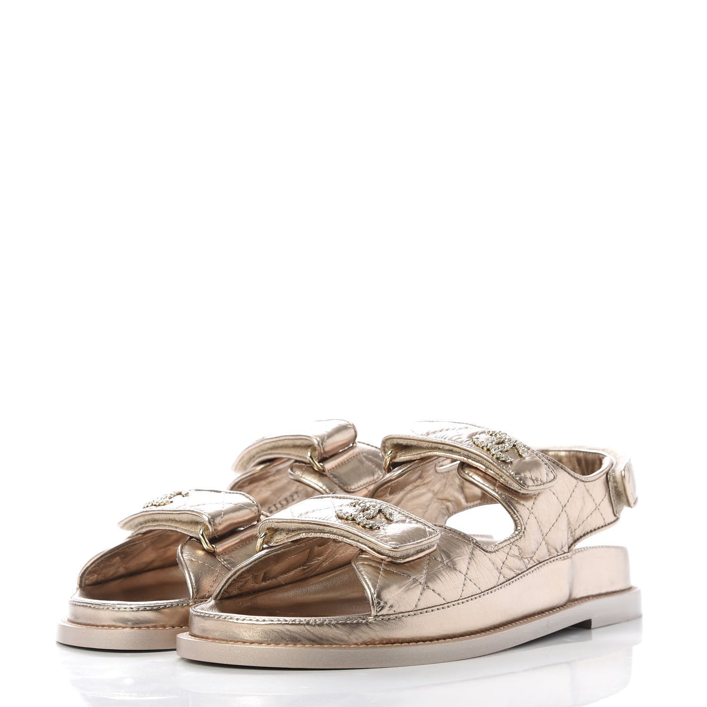 Iridescent Lambskin Quilted Velcro Dad Sandals 38 Light Bronze