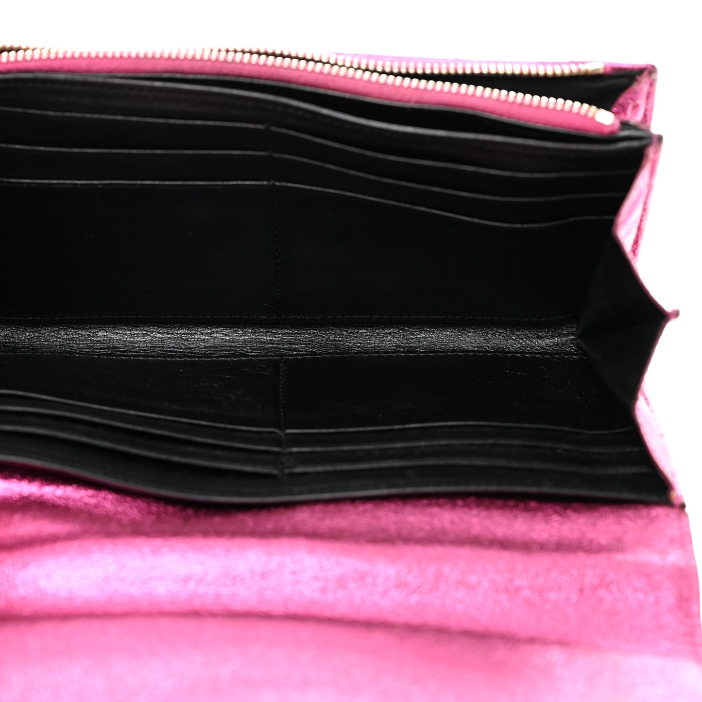 Metallic Crackled Calfskin Matelasse Chevron Monogram Flap Wallet Fuchsia