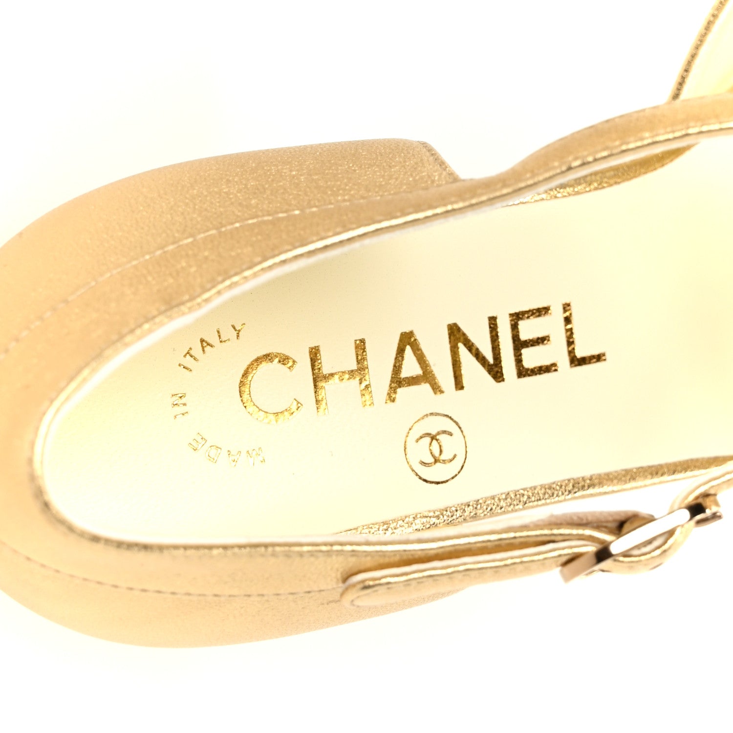 Chanel Laminated Lambskin Cap Toe CC Mary Jane Pumps 37 Gold Black 9 of 10