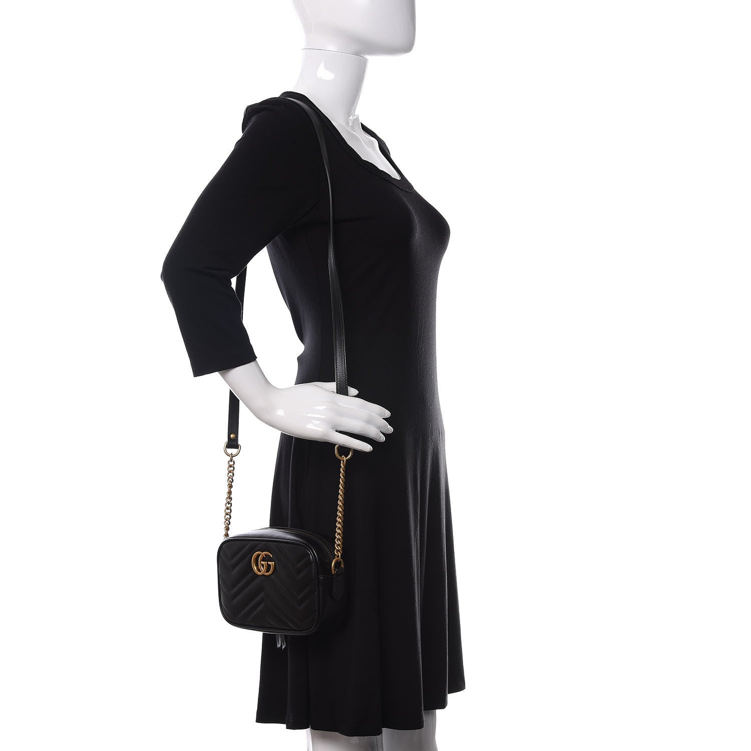 Gucci Calfskin Matelasse Mini GG Marmont Chain Shoulder Bag Black 2 of 11