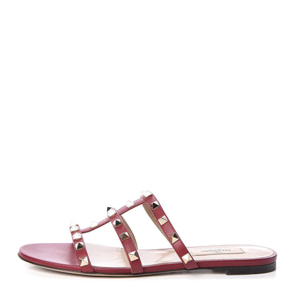 Valentino Garavani Calfskin Rockstud Caged Flat Slide Sandals 37.5 Rubino 1 of 13