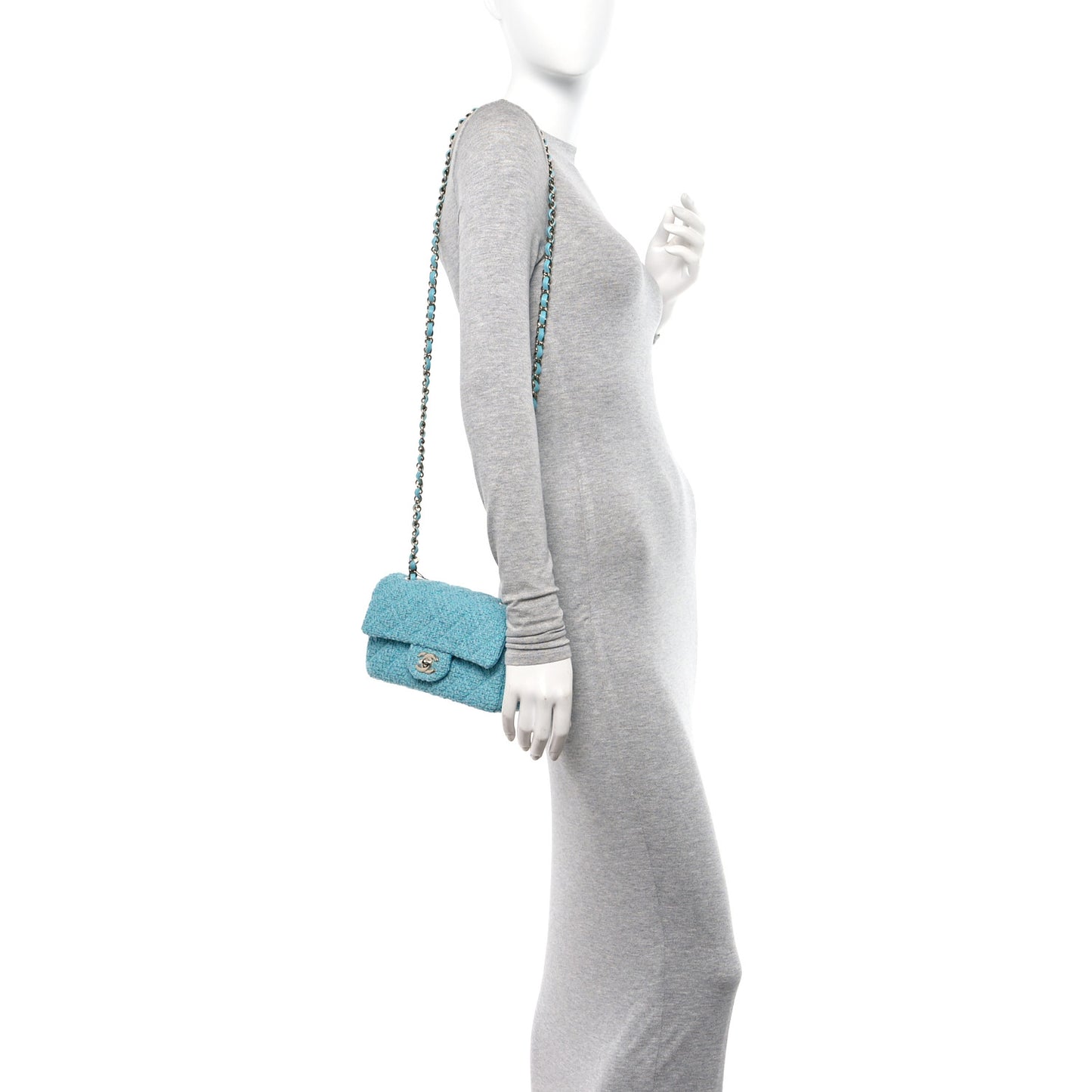 Wool Tweed Quilted Mini Rectangular Flap Turquoise Light Blue