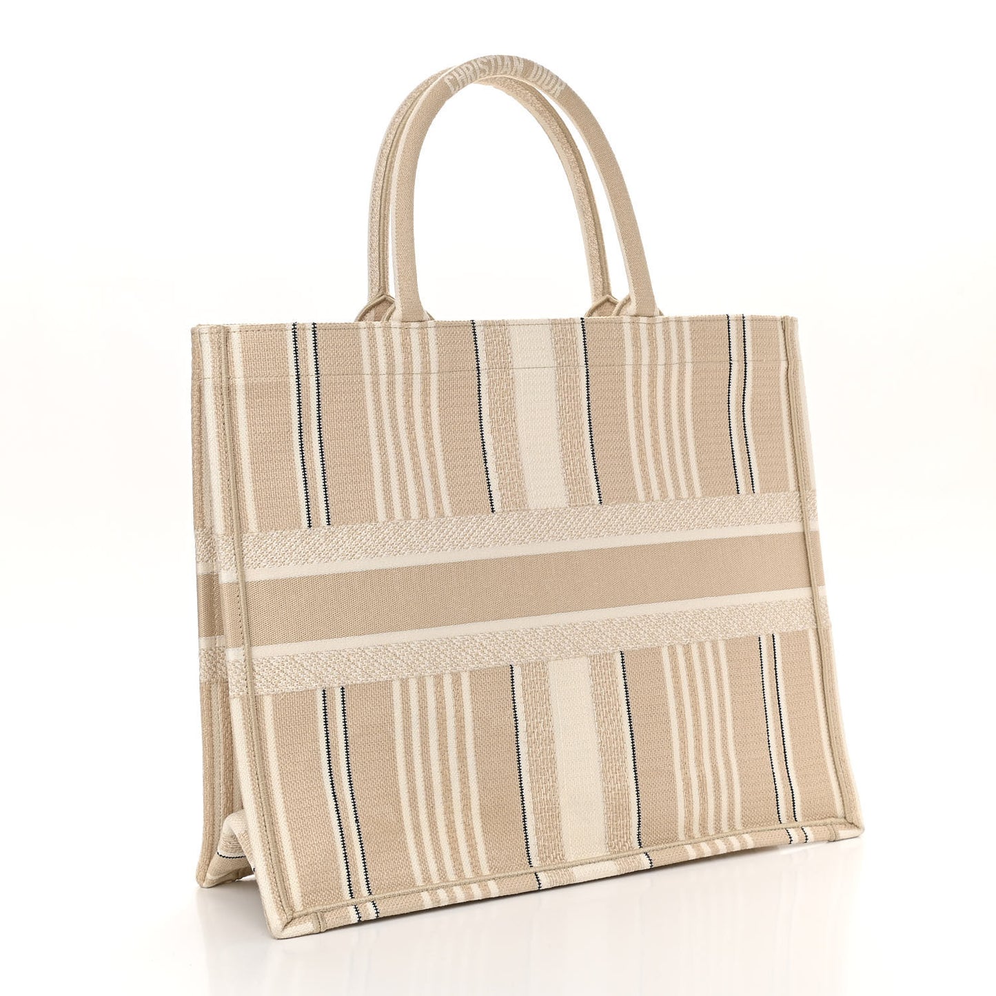 Canvas Embroidered Large Stripes Book Tote Beige