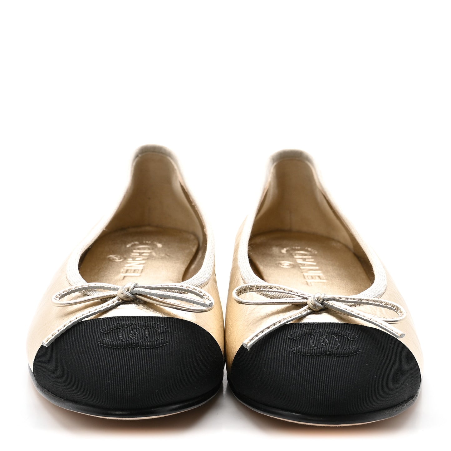 Metallic Laminated Lambskin Grosgrain CC Cap Toe Ballerina Flats 39 Light Gold Black