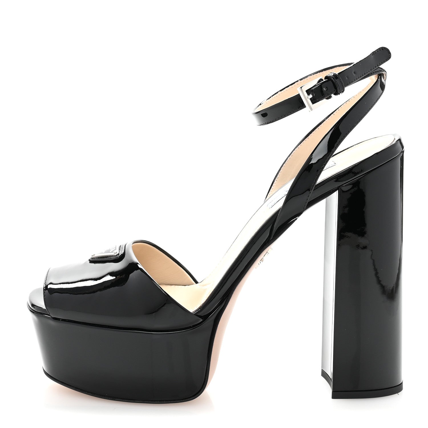Prada Vernice Metal Triangle Logo Ankle Strap 40/135mm Platform Sandals 38 Black 1 of 8