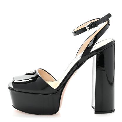 Prada Vernice Metal Triangle Logo Ankle Strap 40/135mm Platform Sandals 38 Black 1 of 8